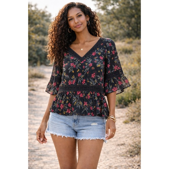 Free People Tops - Free People S Black Sheer Floral Boho Blouse Open Back Crochet Trim Festival